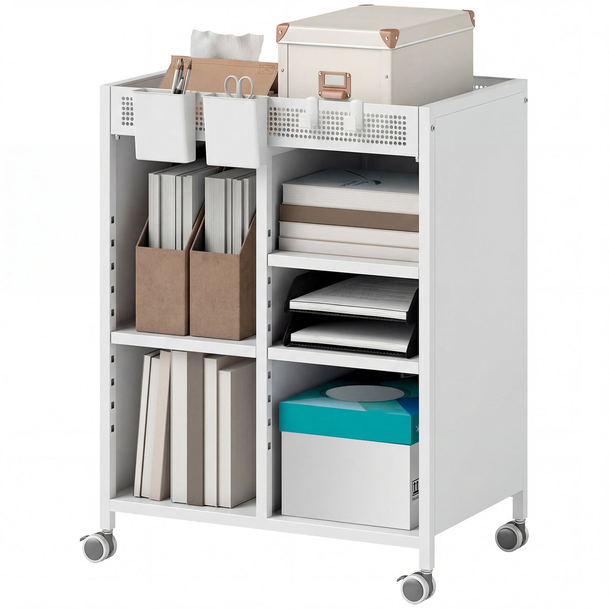 Bücherregal auf Rollen, 4-stufig, verstellbare Regalböden & Hängekörbe für Home Office und Wohnzimmer, Weiß