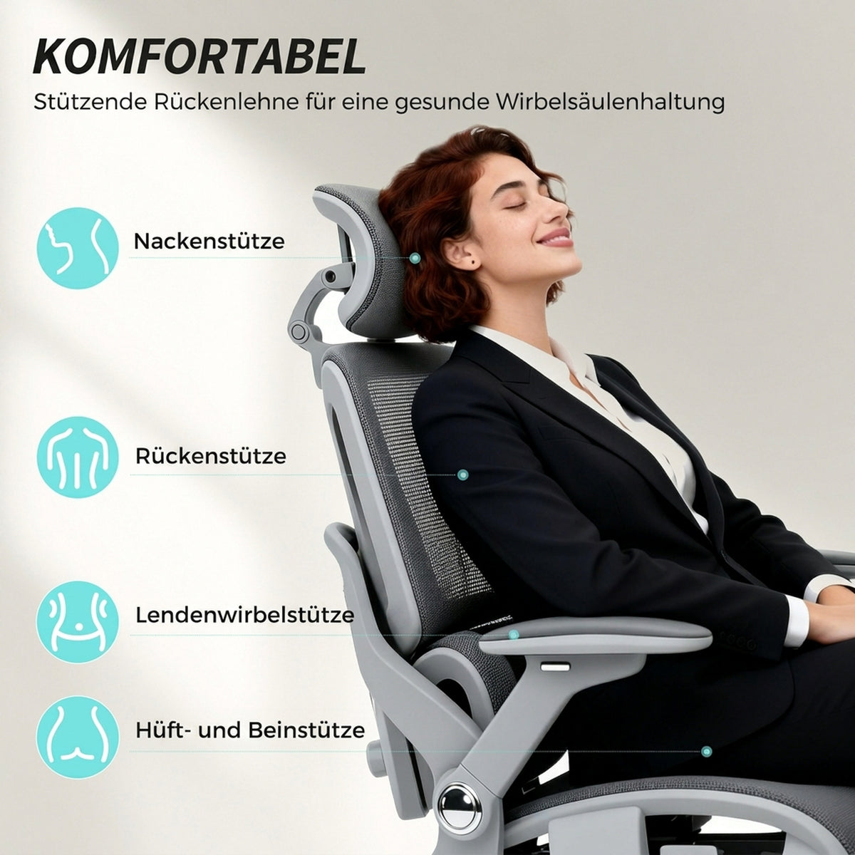 Ergonomischer Bürostuhl, Mesh-Computersessel mit separatem Rücken, Lendenstütze, 4D klappbare Armlehnen, Grau