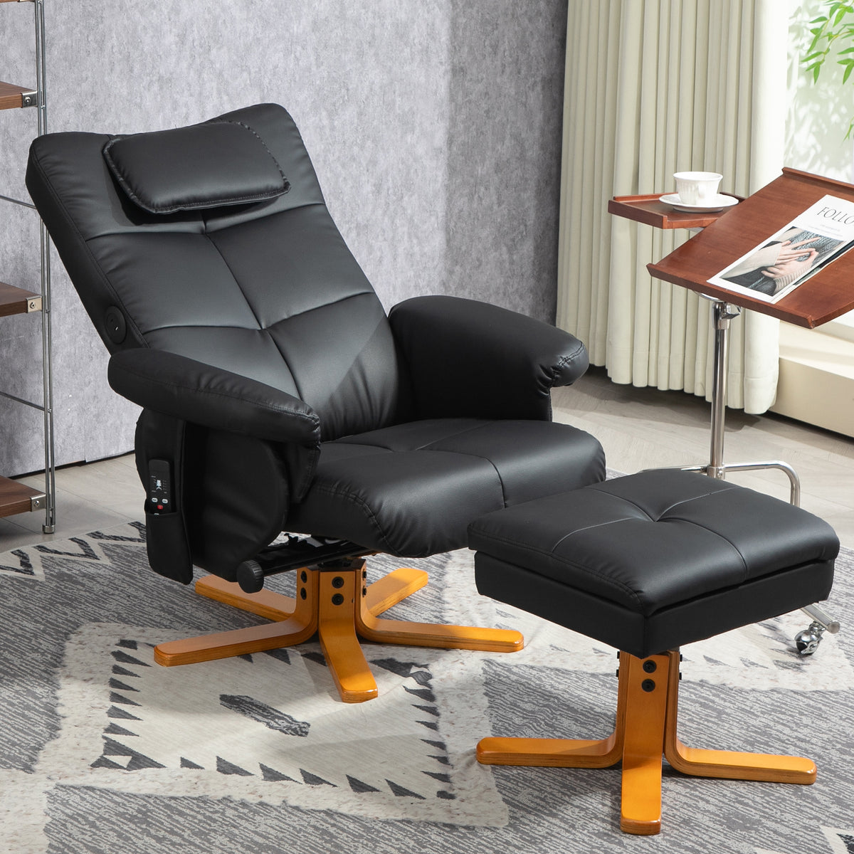 Massagesessel mit Hocker, verstellbare Lehne, USB-Ladeport, Lederoptik, bis 150 kg, Schwarz