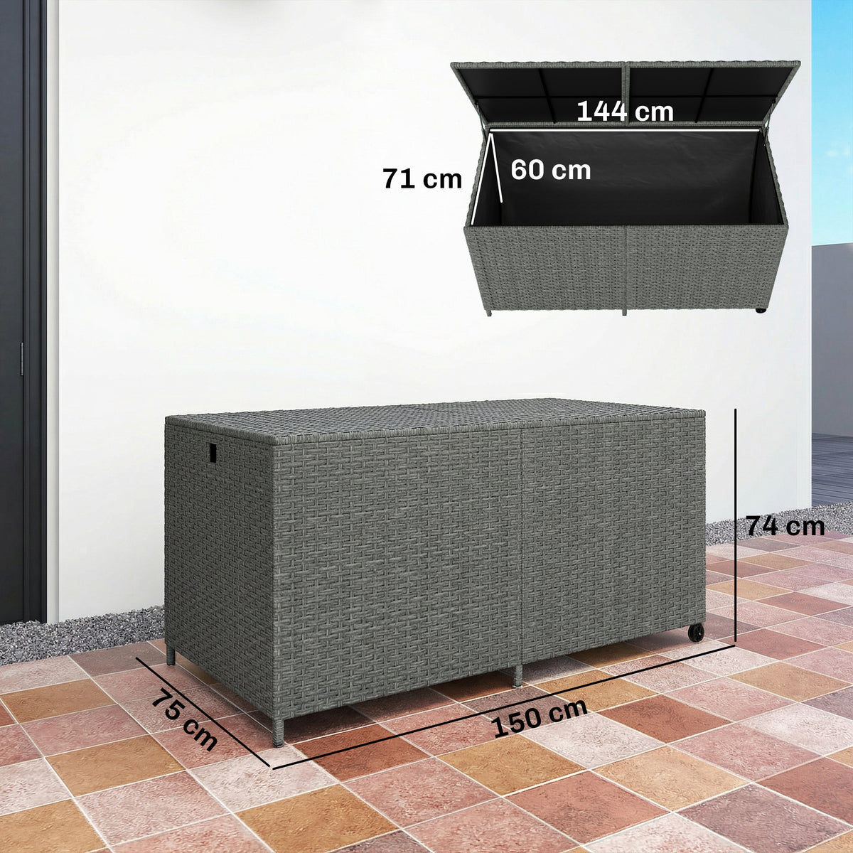 Rattan Auflagenbox 650L wetterfest UV-beständig Kissenbox mit Deckel Rollen Stauraum 150 x 75 x 74 cm Dunkelgrau