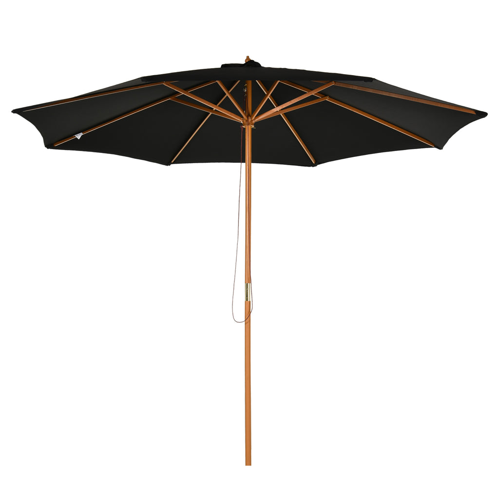 3(m) Garden Parasol, Pulley Operated Patio Umbrella, Wooden Parasol, Table Market Umbrella with Rope Pulley Mechanism and 8 Ribs, Black