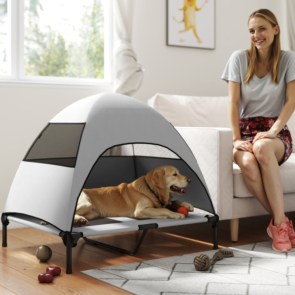 Hundeliege Outdoor mit Dach, Erh?htes Hundebett f¨¹r Gro?e Hunde, 91 x 76 x 90 cm, Hellgrau