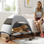 Hundeliege Outdoor mit Dach, Erh?htes Hundebett f¨¹r Gro?e Hunde, 91 x 76 x 90 cm, Hellgrau