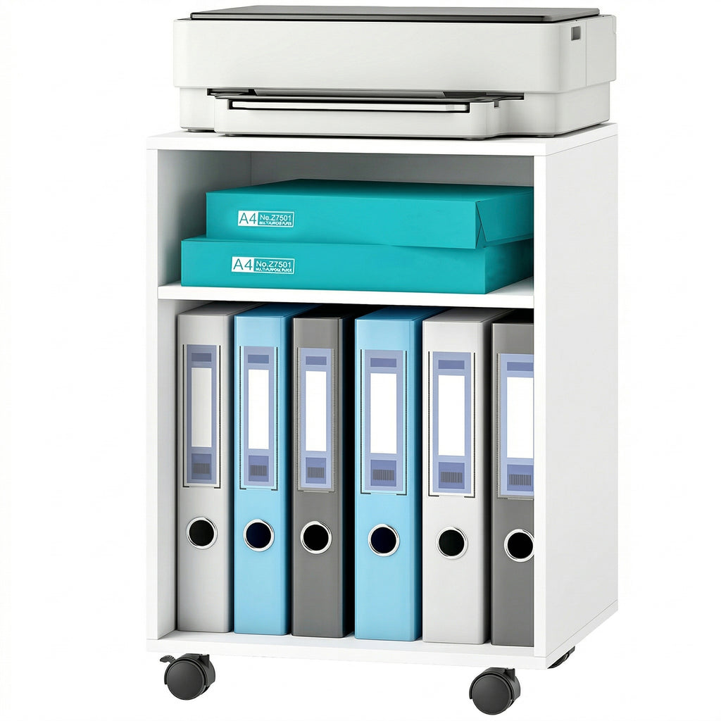 Druckerständer Druckertisch mit 2 offenem Regal feststellbaren Rollen für Büro Zuhause Fax Scanner 40 x 35 x 56 cm Weiß