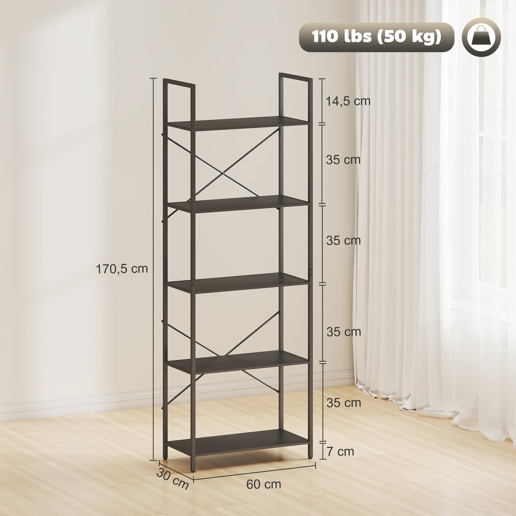 Bücherregal, Standregal mit 5 Ebenen, Industrielles Büroregal mit Metallrahmen, offenes Aufbewahrungsregal für Wohnzimmer, Büro, Arbeitszimmer, 60x30x170,5 cm, Schwarz