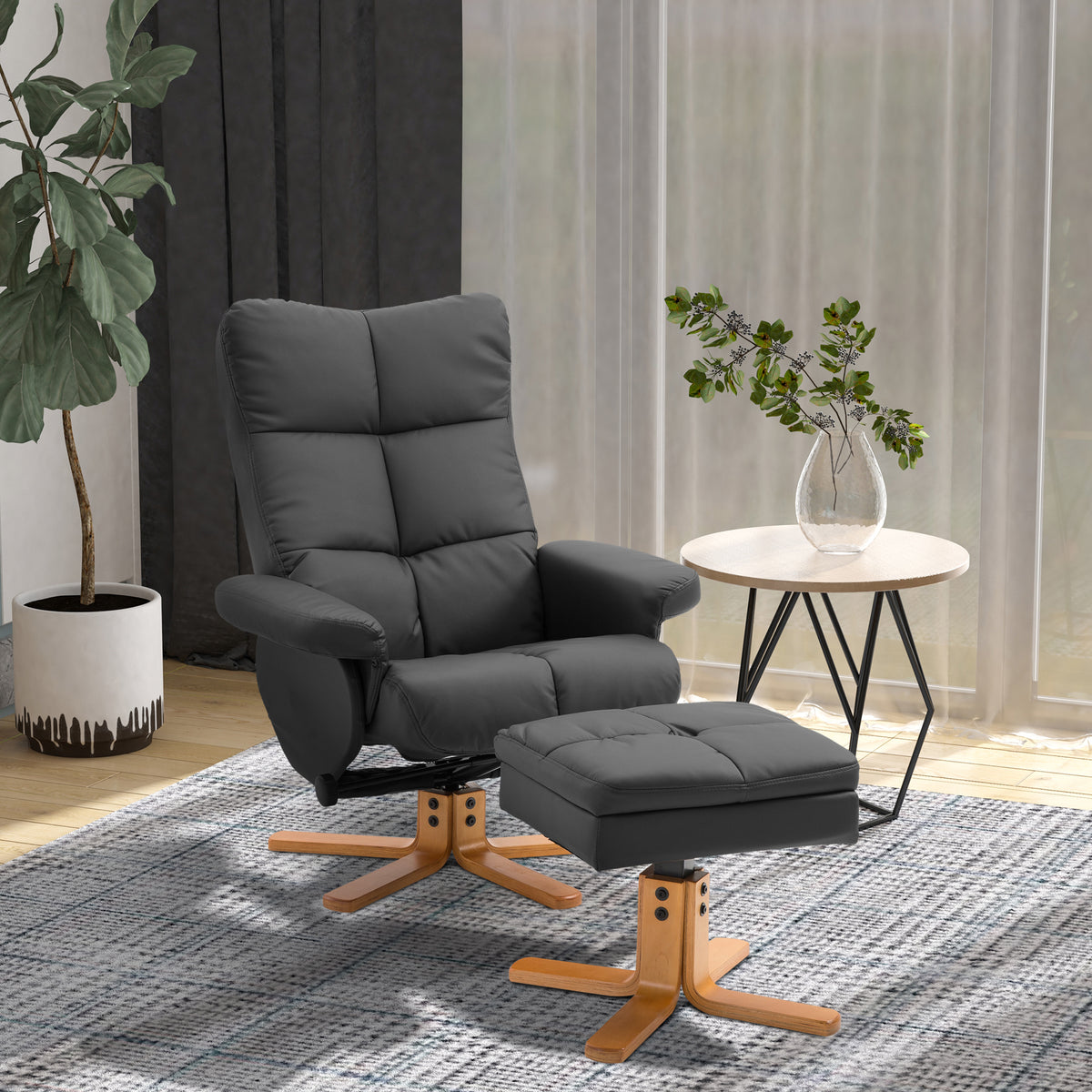 Relaxsessel mit Hocker, 360°drehbarer Fernsehsessel mit Liegefunktion Lesesessel für Schlafzimmer, Wohnzimmer, Kunstleder, Schwarz
