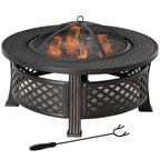 Outdoor Fire Pit, Firepit with Grill Net, Mesh Lid, Poker, for Camping, Bonfire, Picnic, Bronze Tone