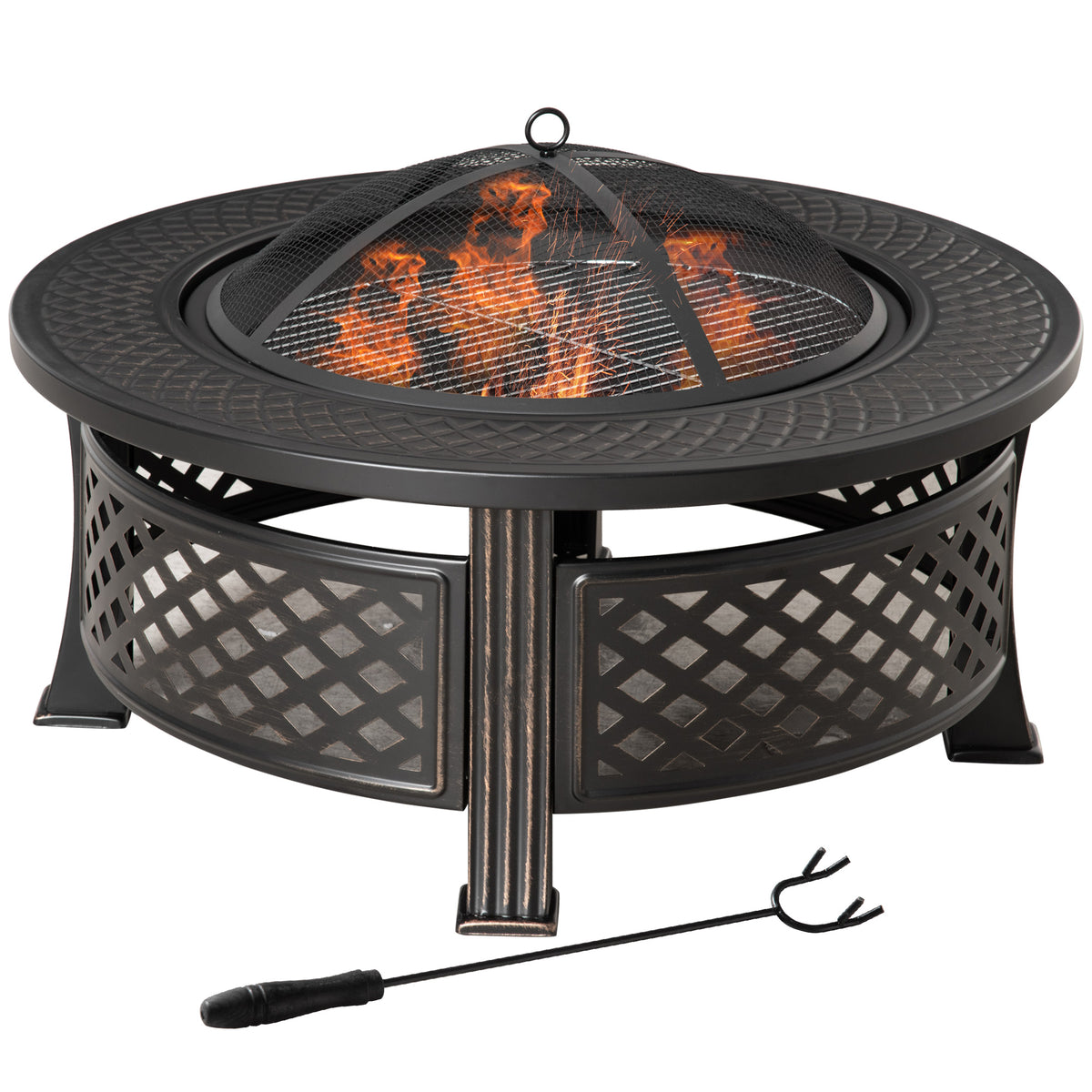 Outdoor Fire Pit, Firepit with Grill Net, Mesh Lid, Poker, for Camping, Bonfire, Picnic, Bronze Tone