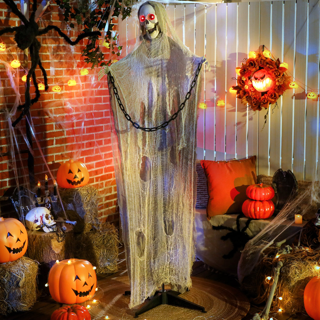 183 cm Life Size Halloween Animated Skeleton Grim Reaper with Glowing LED Eyes, Scary Halloween Decorations, Battery Operated, Indoor Party Props
