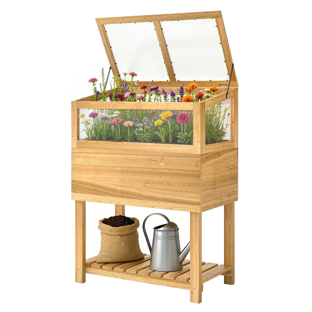 Hochbeet mit Frühbeetaufsatz aus Holz erhöhter Pflanzkasten mit aufklappbar Abdeckung Regal Vliesstoff Ergonomisch