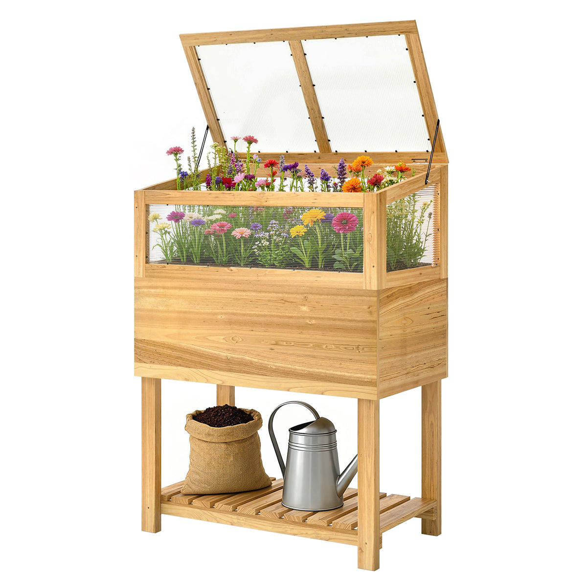 Hochbeet mit Frühbeetaufsatz aus Holz erhöhter Pflanzkasten mit aufklappbar Abdeckung Regal Vliesstoff Ergonomisch