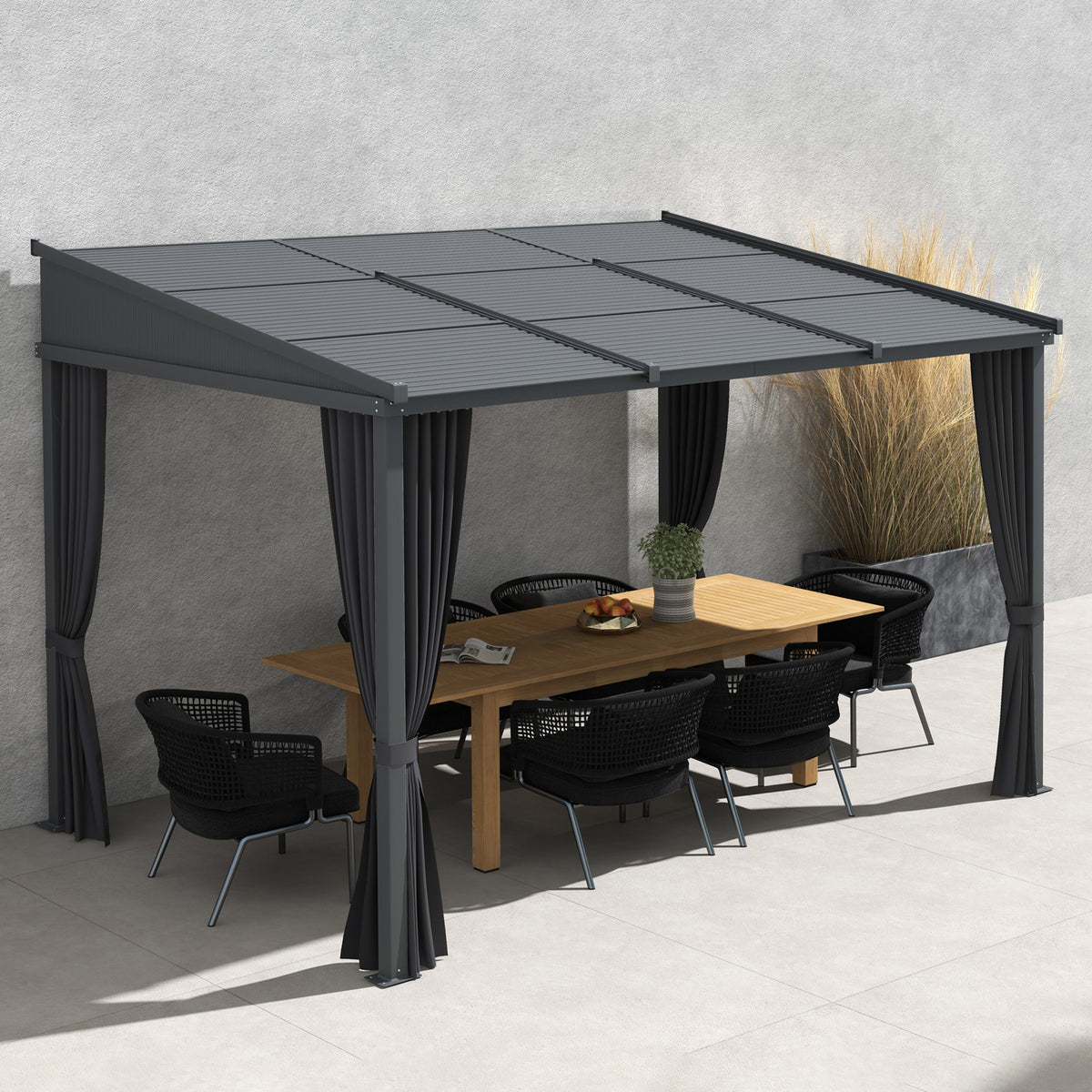 Gartenpavillon, Pergola, mit Schiebedach, Vorhängen, Aluminiumrahmen, dunkelgrau, 3,65 x 2,55 x 2,05 m