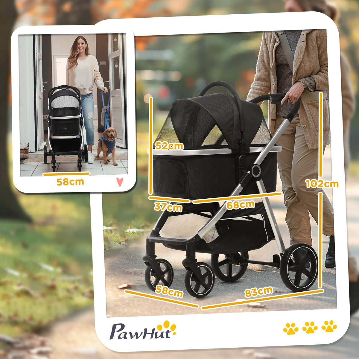 3-IN-1 Hundebuggy Haustierbuggy Hundebuggy, inkl. Kissen, klappbar, 1 Aufbewahrungskorb, 83 cm x 58 cm x 102 cm, Schwarz