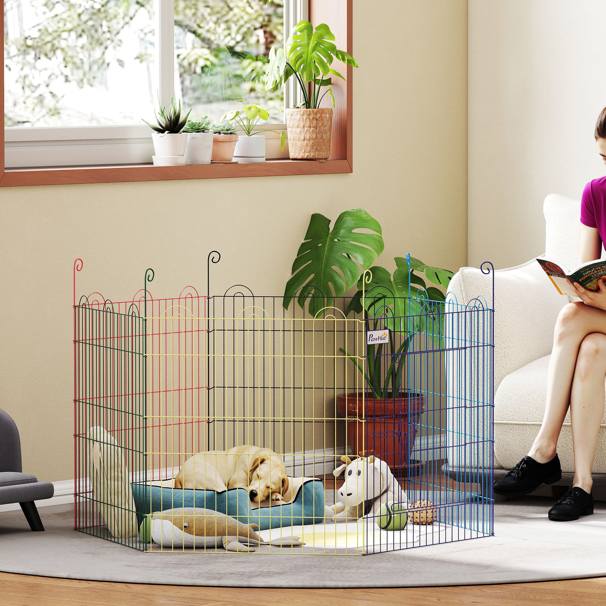 Pet Playpen Crate, with Six Panels, Door, for Indoors and Outdoors