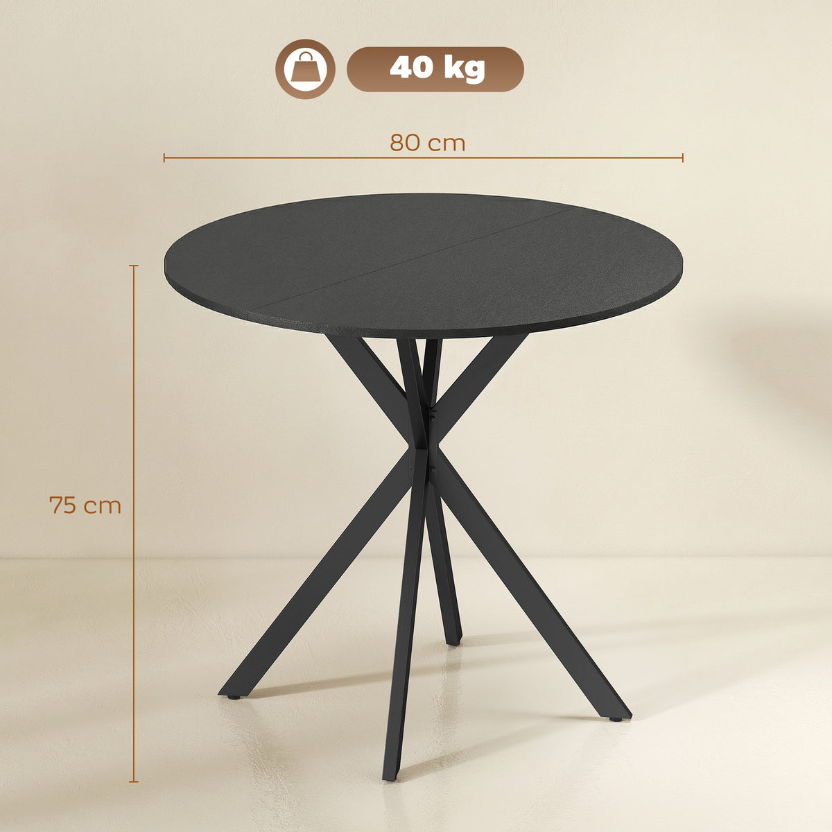 Runder Küchentisch, 80 cm, kompakte Tischplatte, Spanplatte, Metall, Schwarz
