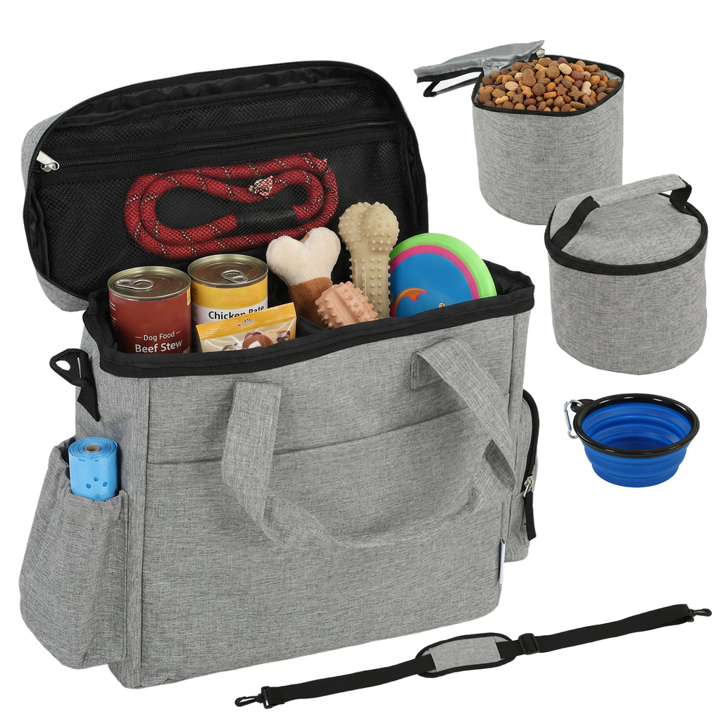 Dog Travel Bag, Waterproof Walking Bag with Multiple Pockets, Two Food Containers and Collapsible Bowl for Cat Puppy