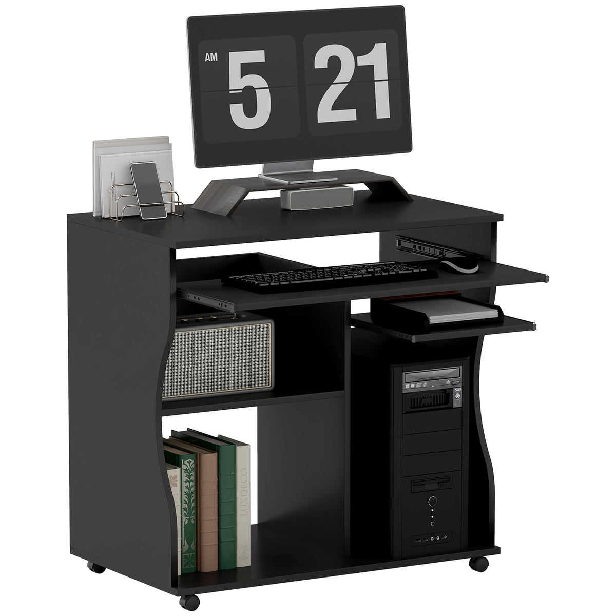 Computertisch mit Rollen, Schreibtisch mit Stauraum, 80 x 48 x 75 cm, Schwarz