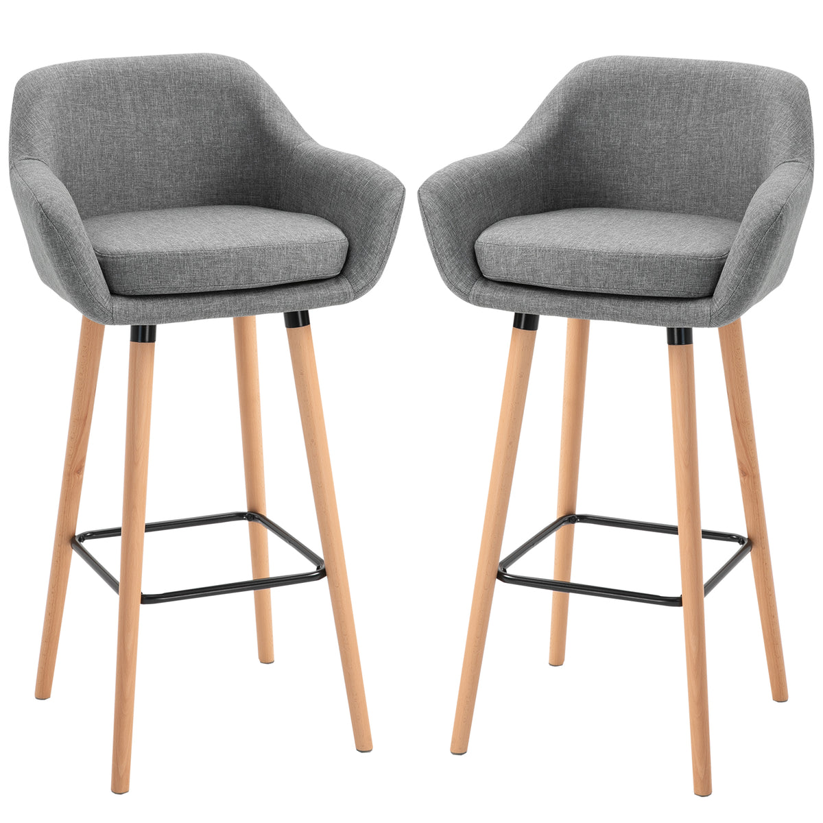 Set of 2 Bar Stools Modern Upholstered Seat Bar Chairs w/ Metal Frame, Solid Wood Legs Living Room Dining Room Fabric Furniture - Grey
