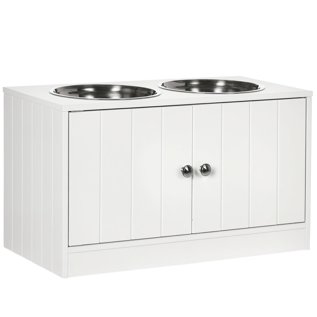 Raised Pet Feeder, with Two Bowls, Storage - White