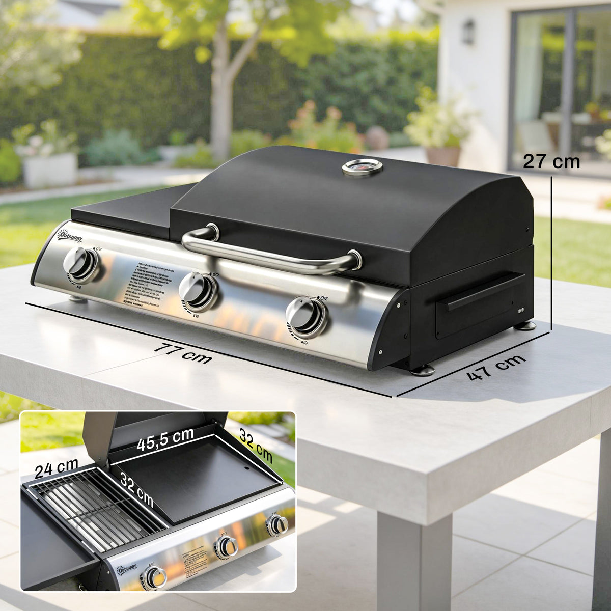 Gasgrill 7,5 KW Tragbarer Tischgrill mit 3 Brenner Seitentisch Bratenplatte Emaille-Grillroste Fettauffangschale