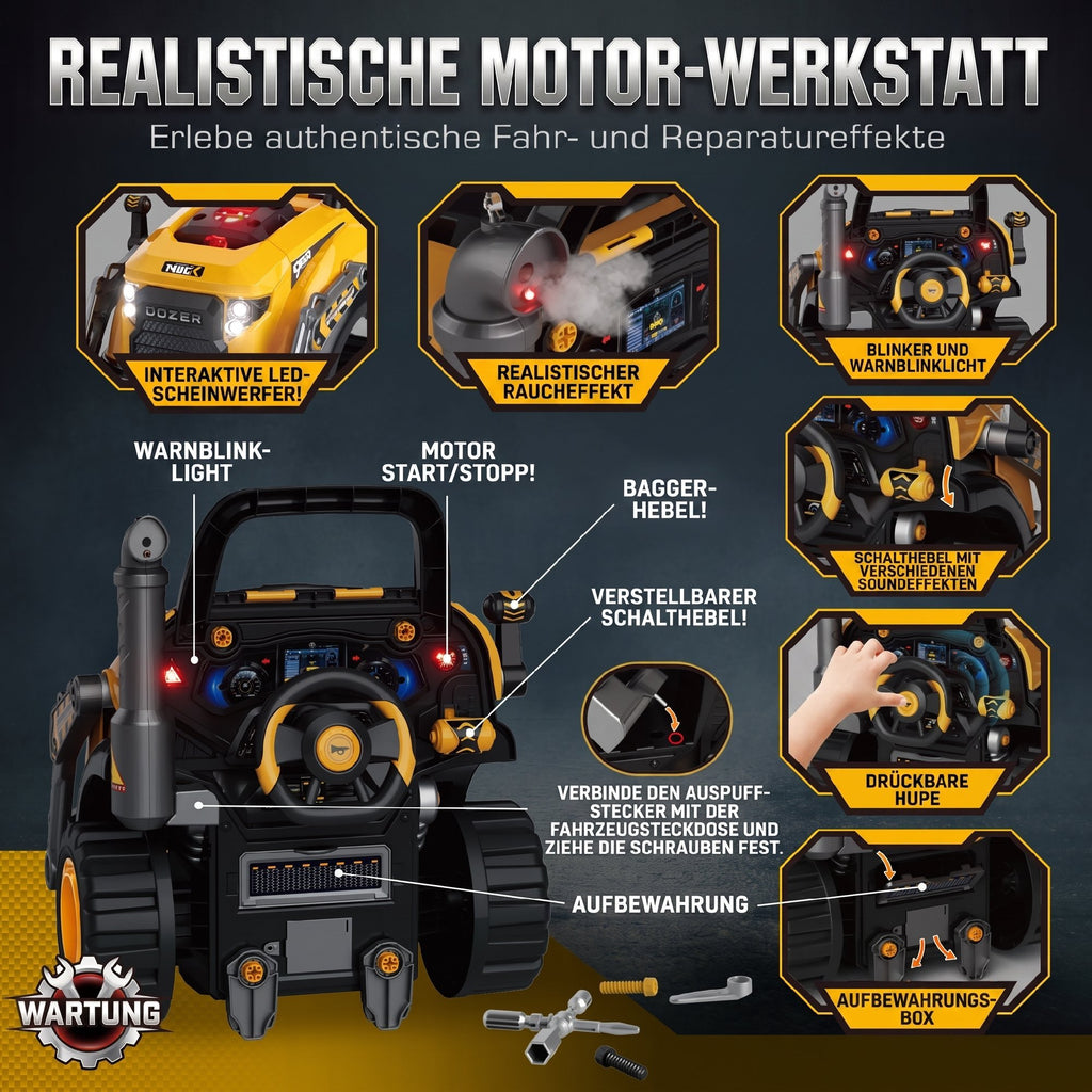 Kids Truck Engine Toy, Excavator Toy Steering Wheel with Spray, Lights and Sounds for 3-6 Years Boys Girls, Yellow