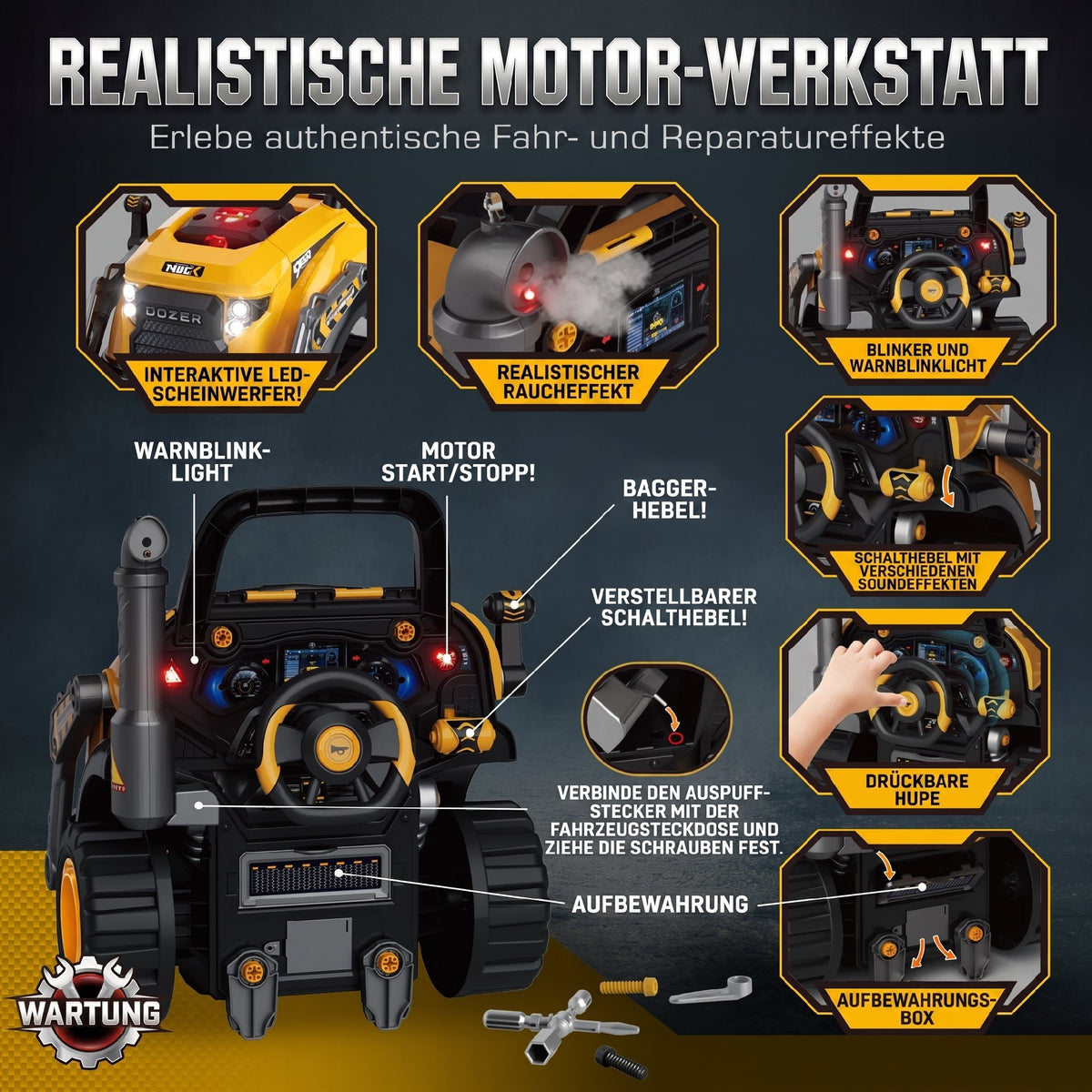 Kids Truck Engine Toy, Excavator Toy Steering Wheel with Spray, Lights and Sounds for 3-6 Years Boys Girls, Yellow