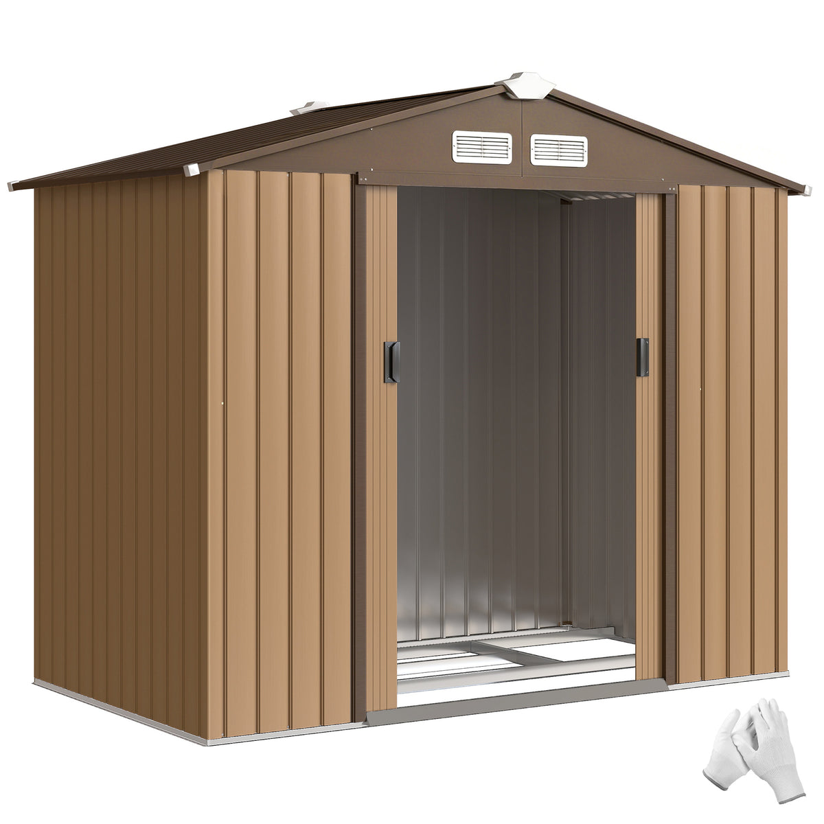 7 x 4ft Lockable Metal Garden Tool Storage Shed Storage - Light Brown