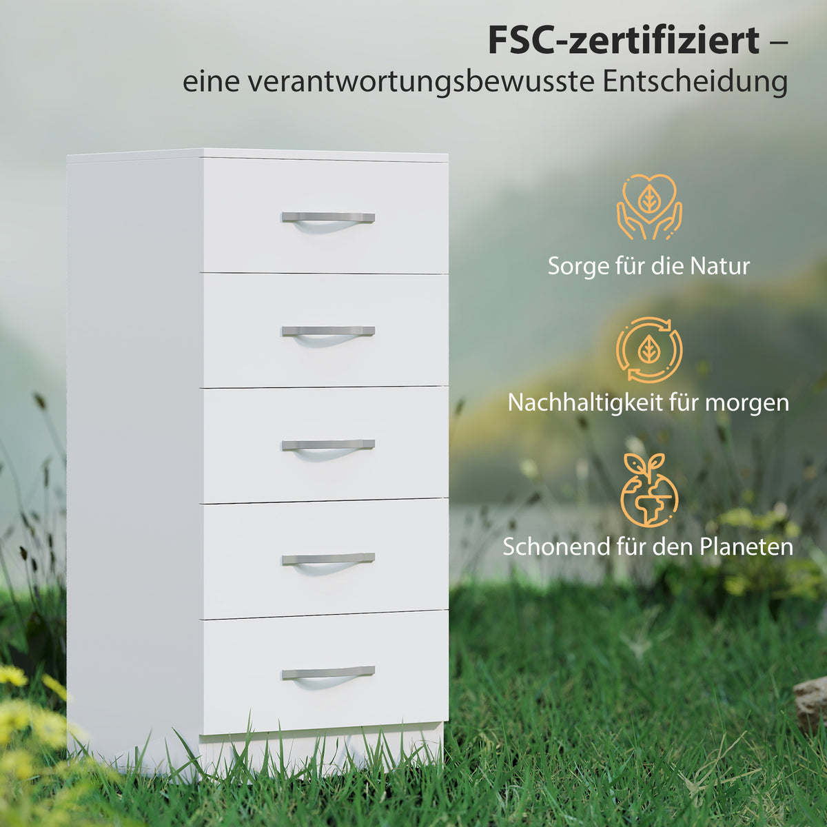 Kommode mit 5 Schubladen, Schubladenschrank für Kleidung und Utensilien, Spanplatte, Weiß