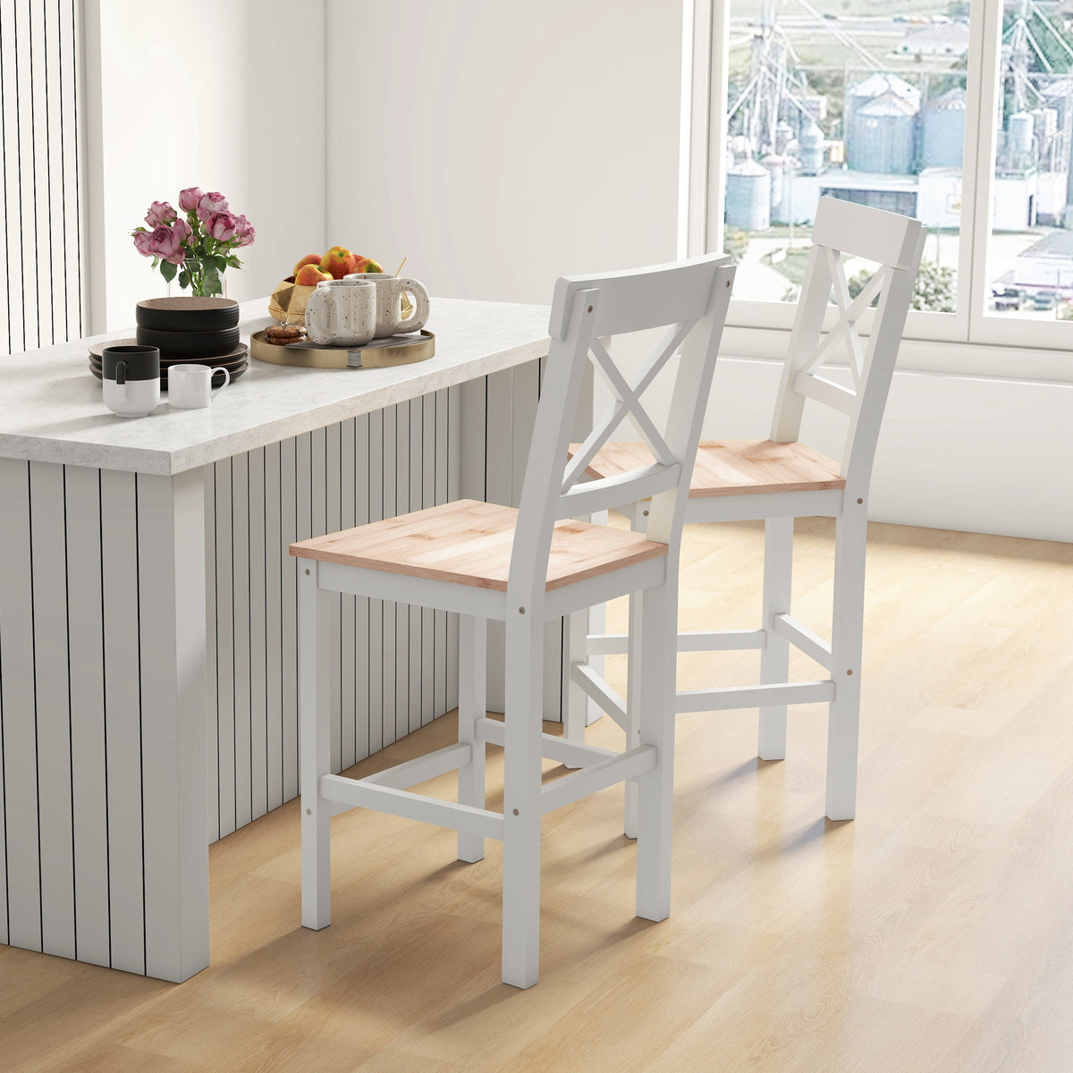 Barhocker 2er Set Barstuhl aus Kiefernholz mit Fußstütze, Lehne, Landhaus-Stil für Küche, Wohnzimmer, Natur