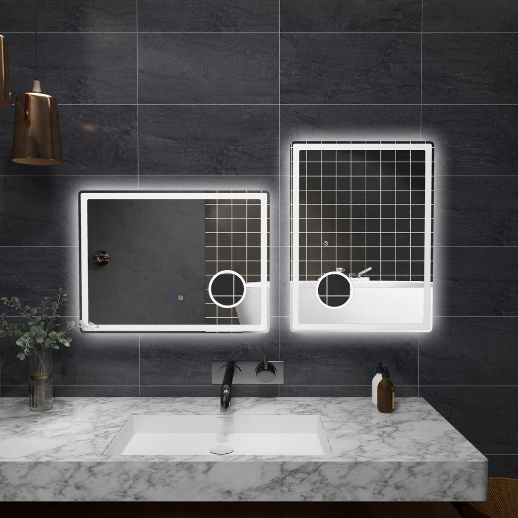 LED Bathroom Mirror with Lights, 3X Magnifying Mirror, Dimming Lighted Bathroom Mirror, Vanity Mirror with 3 Colour Front and Backlit, Smart Touch, Anti-Fog, Horizontal and Vertical, 80x60cm