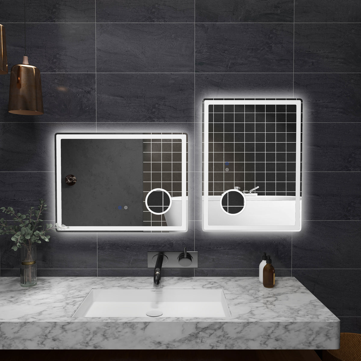 LED Bathroom Mirror with Lights, 3X Magnifying Mirror, Dimming Lighted Bathroom Mirror, Vanity Mirror with 3 Colour Front and Backlit, Smart Touch, Anti-Fog, Horizontal and Vertical, 80x60cm