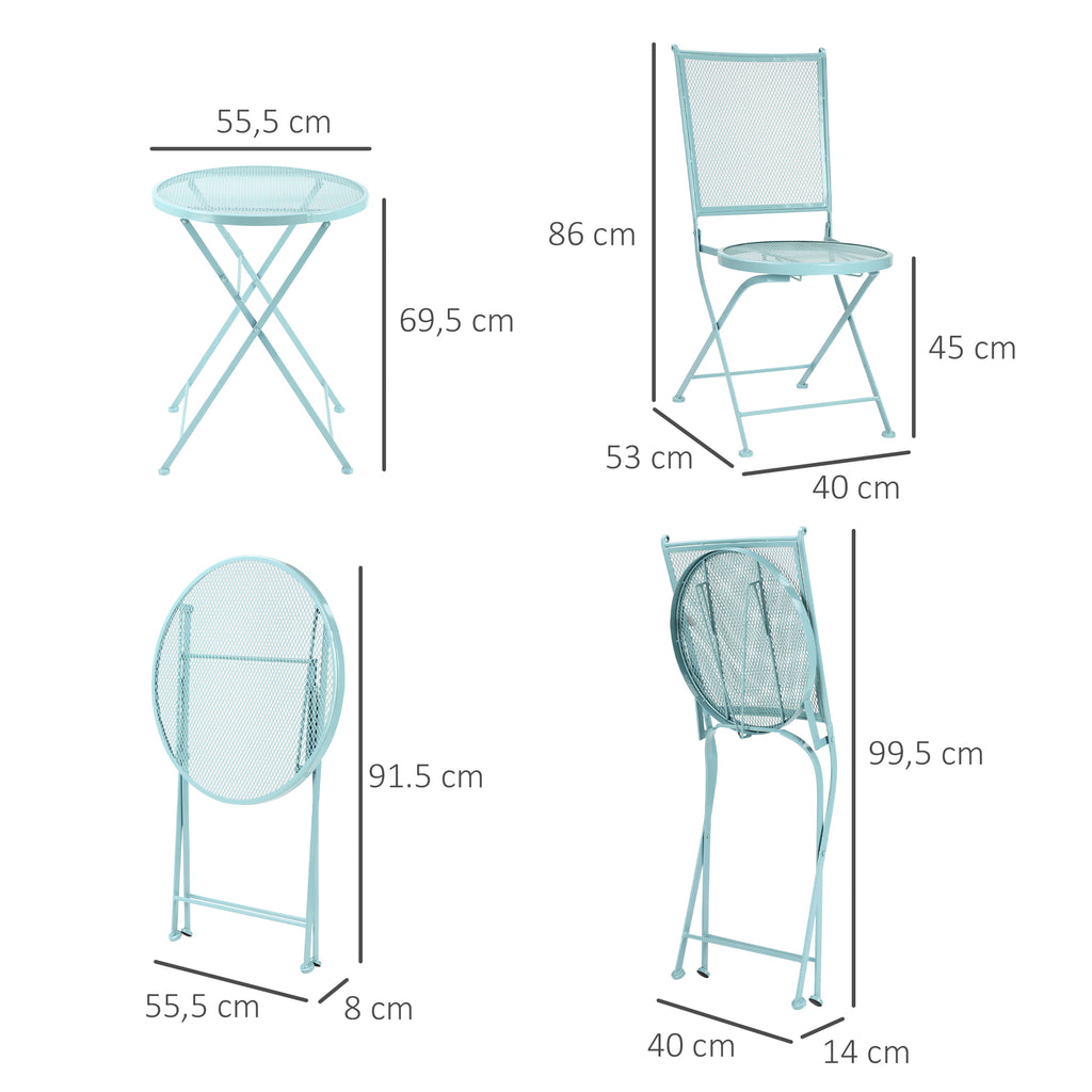  Garten Sitzgruppe für 2 Personen Bistro-Set Garnitur 1 Tisch+2 faltbare Stühle für Terrasse Balkon Metall Blau