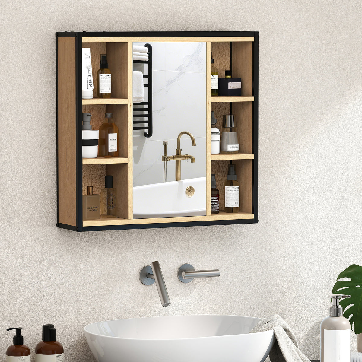 Badezimmer-Spiegelschrank, 6 offene F?cher, 3-stufiges Regal, Wandmontage, Eiche