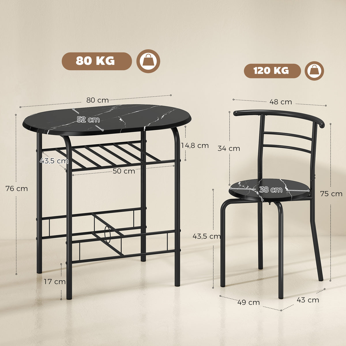 Essgruppe 3-teilig, Küchentisch und Stühle für 2 Personen mit Regal, Wohnzimmer, schwarze Marmor-Optik