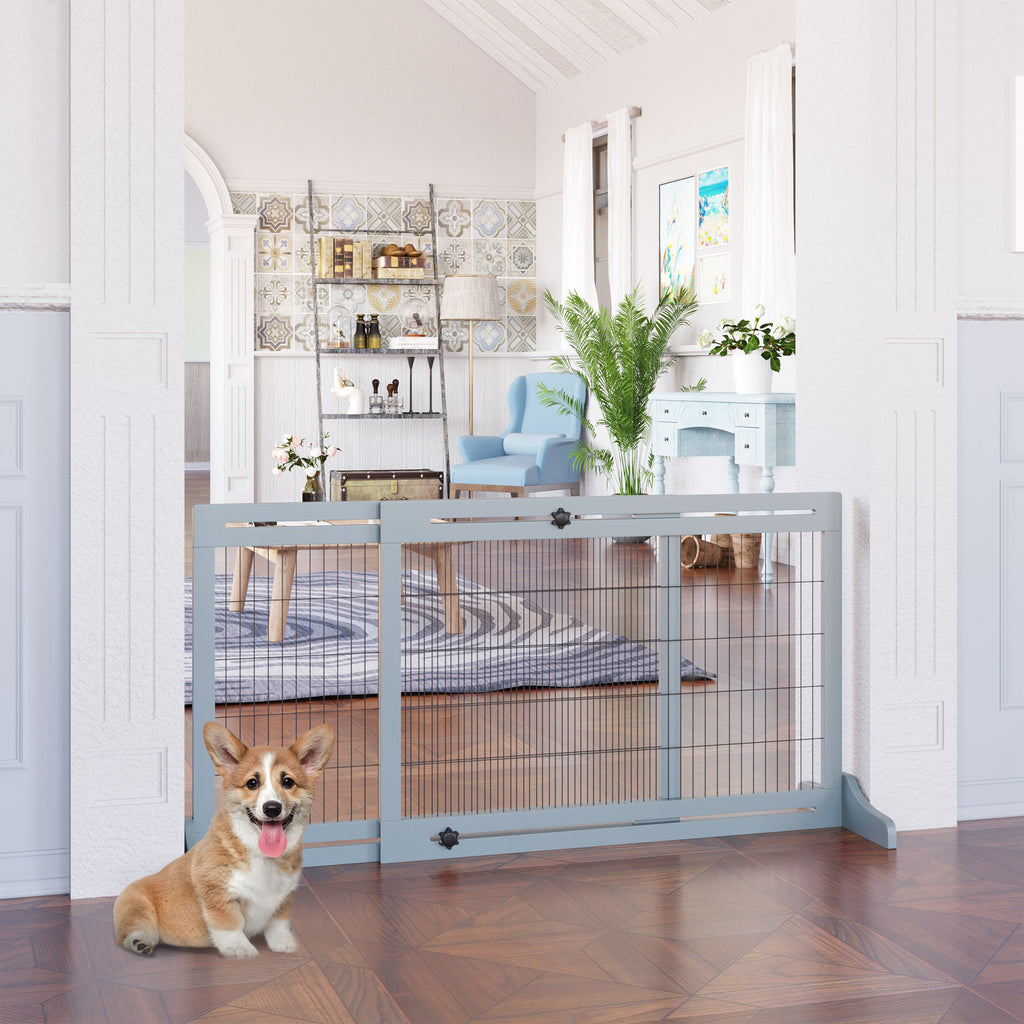 Freestanding Dog Gate, Foldable Pet Fence, Indoor Wood Barrier, Stair Gate with Support Feet, for Doorway, Hallway, Small and Medium Dogs, 69H x 104-180 cm, Blue-grey
