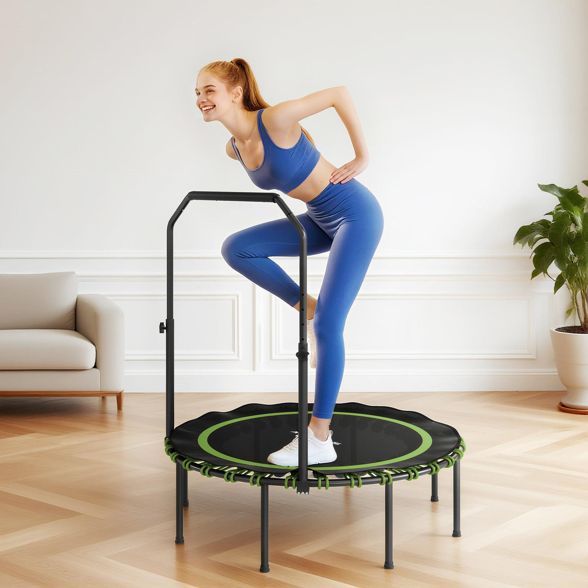 Fitness-Trampolin mit verstellbarem Handlauf, Sport-Trampolin f¨¹r drinnen und drau?en, Stahl, Kunststoff, Gr¨¹n