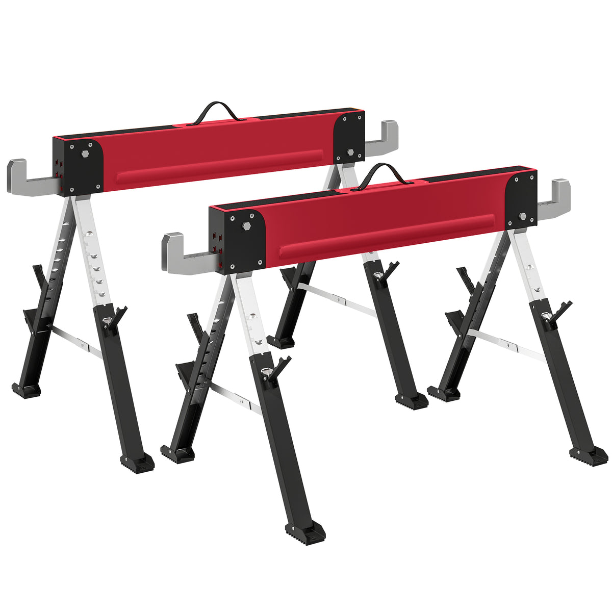 2er Set Arbeitsbock bis 1160 kg klappbar Sägebock 7-fach höhenverstellbar 64-81 cm Gerüstbock aus Metall mit Griff Rot