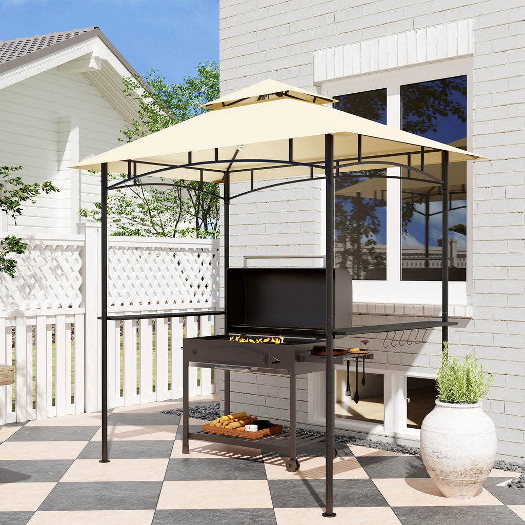 8' x 5' Grill Gazebo, Double Tiered BBQ Gazebo Shelter Canopy with LED Lights, 2 Side Shelves, Hooks, Beige