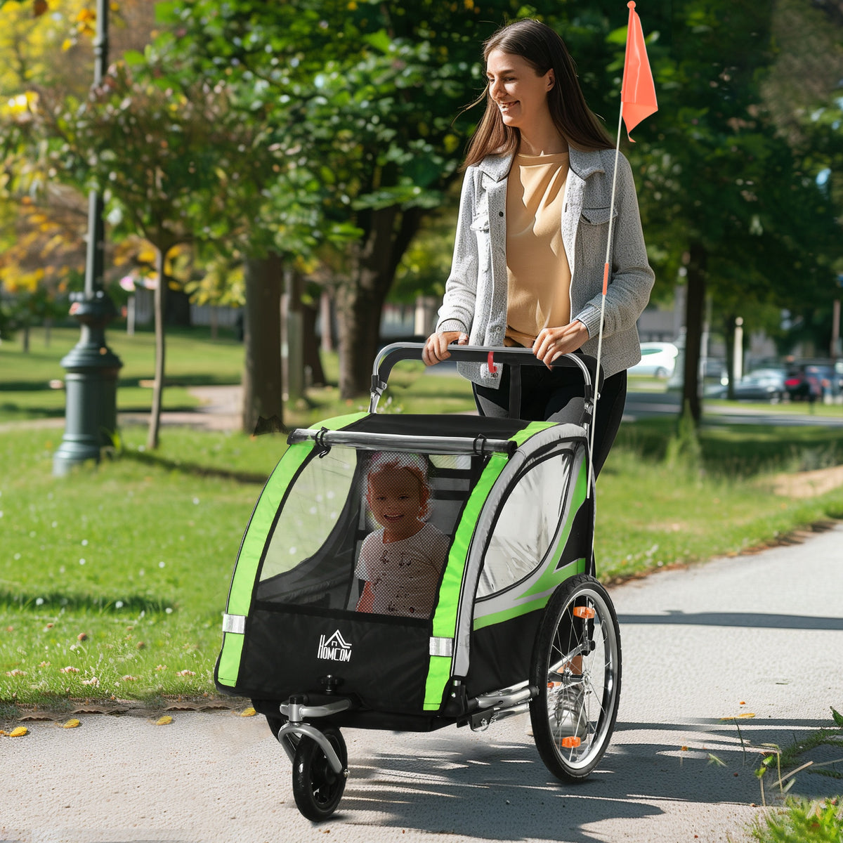 2-in-1 Fahrradanhänger für 2 Kinder, Schiebefunktion, Regenschutz, Bremse, Grün