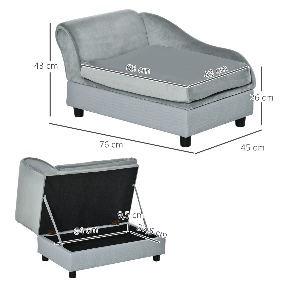 Haustiersofa mit Stauraum, weichem Kissen, bis 15 kg Tragkraft, Plüschbezug, Hartholzrahmen, Hellgrau