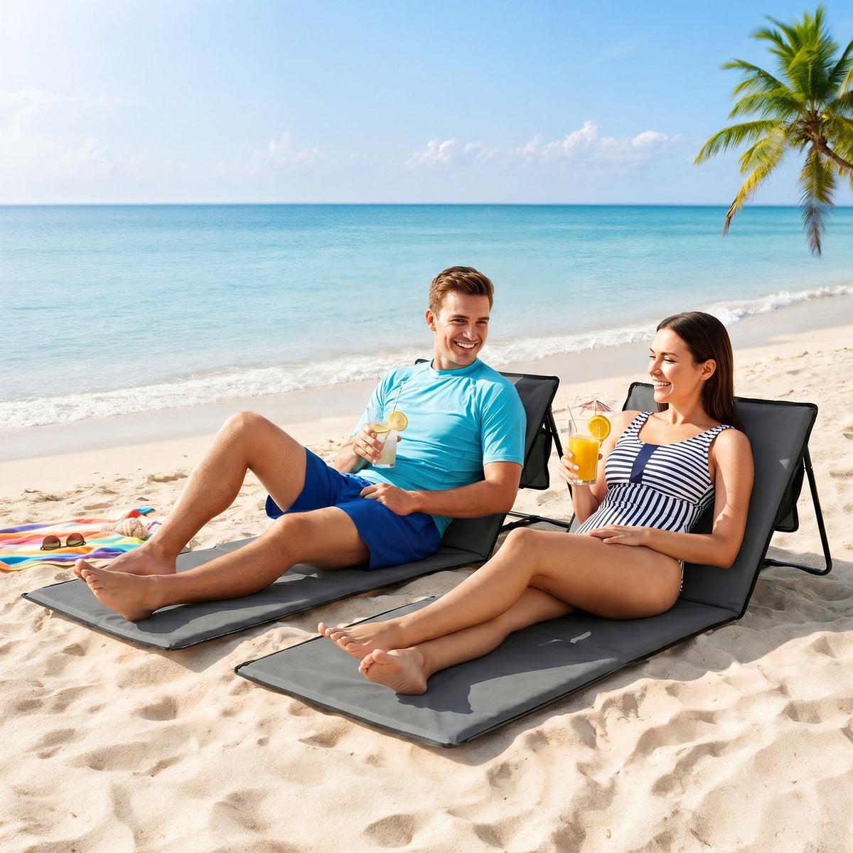 Set of 2 Foldable Garden Beach Chair Mat, Outdoor Sun Lounger Seats with Adjustable Back, Magazine Pocket, Carry Strap