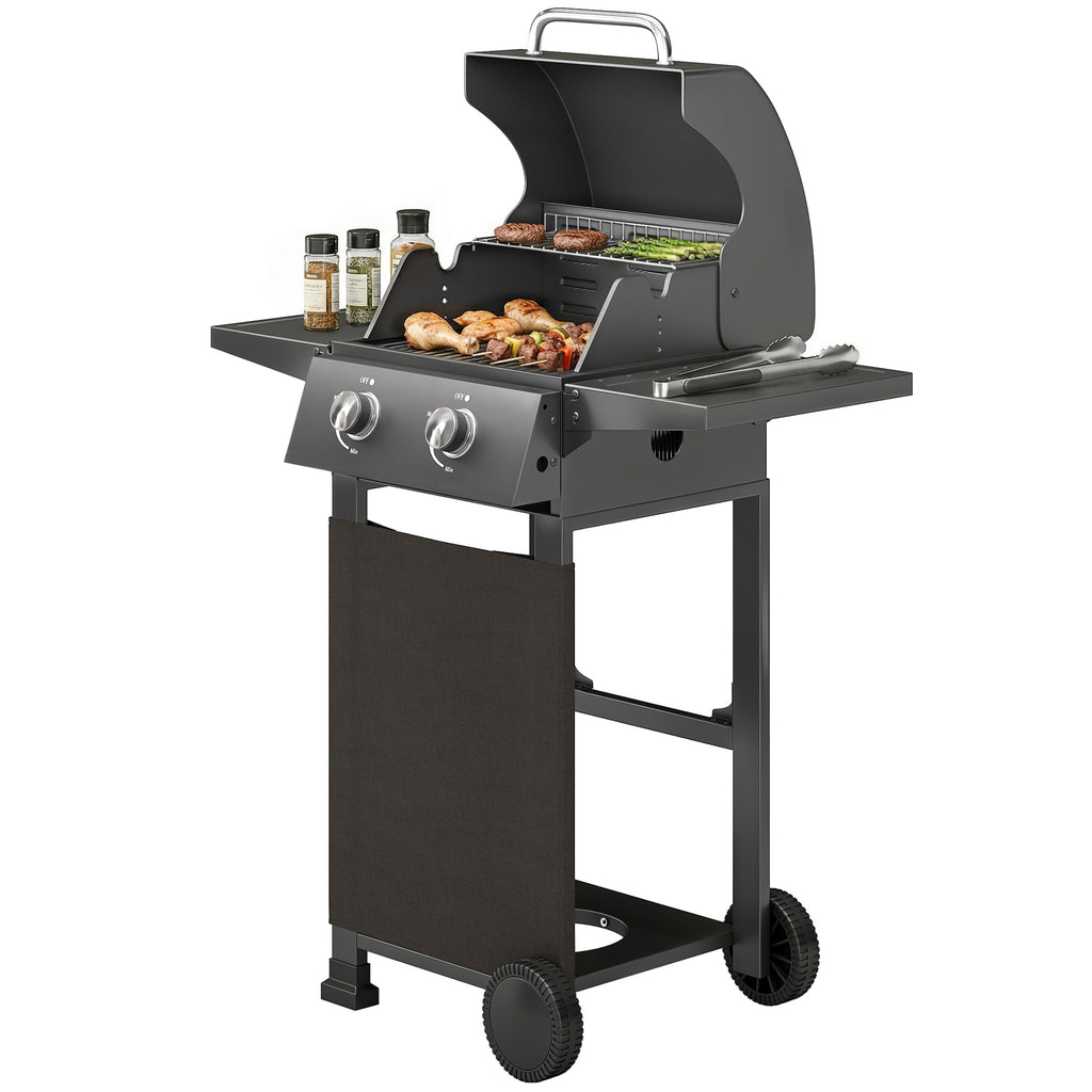 Gasgrill 5,4 KW 2 Brenner Stahl BBQ Grillwagen inkl klappbar Seitentisch Thermometer verchromter Grillrost Warmhalterost