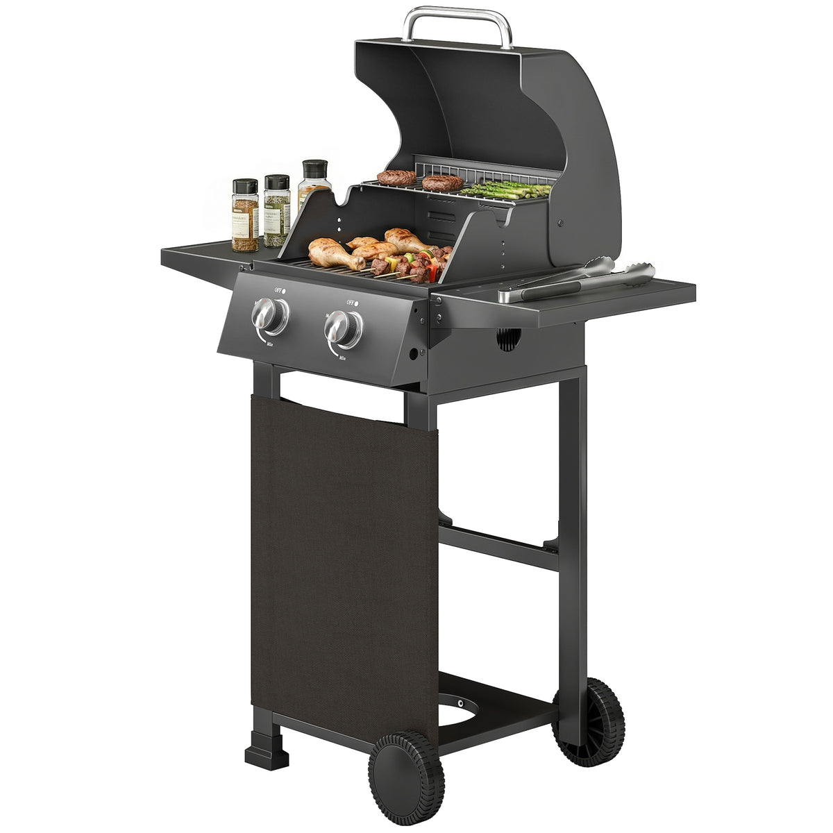 Gasgrill 5,4 KW 2 Brenner Stahl BBQ Grillwagen inkl klappbar Seitentisch Thermometer verchromter Grillrost Warmhalterost