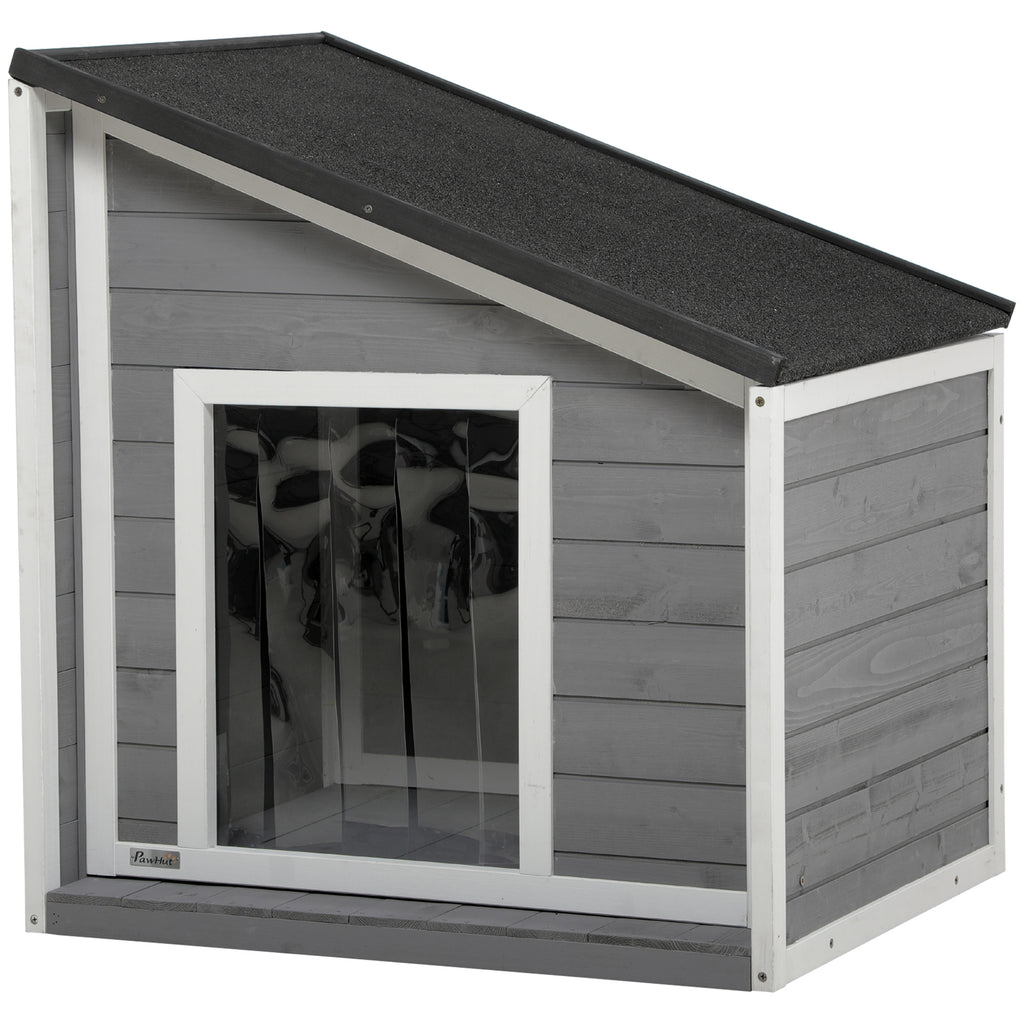 Hundehütte aus Massivholz, wetterbeständig, Asphaltdach, 71 cm x 58 cm x 77 cm, Grau + Weiß