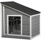 Hundehütte aus Massivholz, wetterbeständig, Asphaltdach, 71 cm x 58 cm x 77 cm, Grau + Weiß