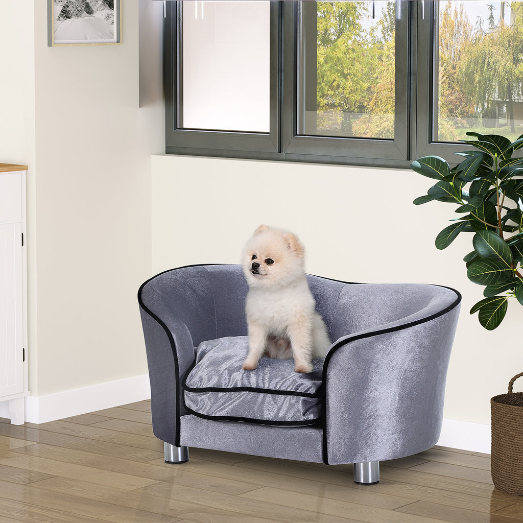 Dog Sofa Bed for Miniature Dogs, Pet Couch Kitten Lounge with Removable Soft Cushion, Thick Sponge, Wooden Frame, Storage Pocket