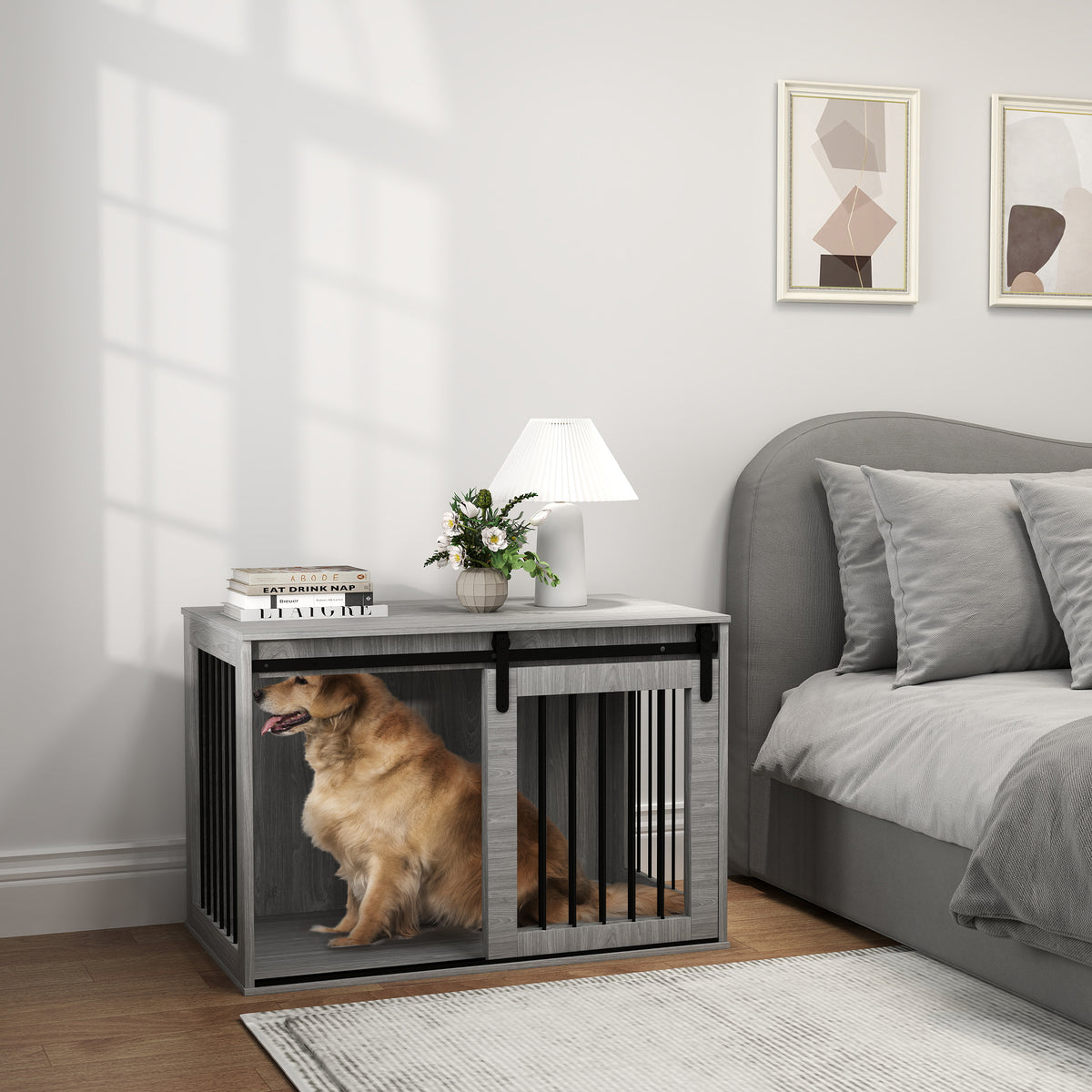 Hundebox mit Schiebetür, Belüftung, Spanplatte und Stahl, 98 x 58 x 61 cm, Grau